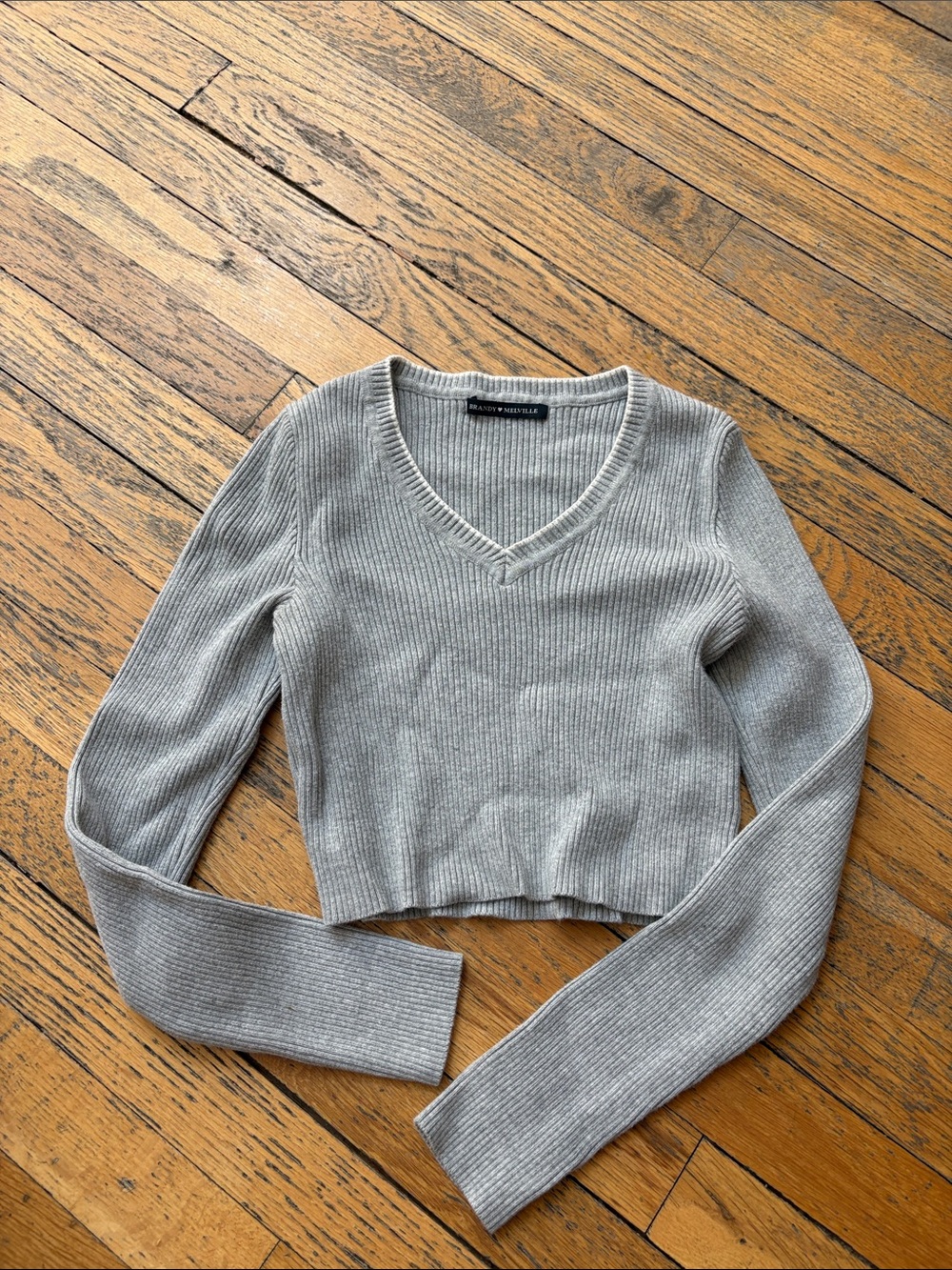 Brandy Melville Light Gray Ribbed V-Neck Cropped Sweater